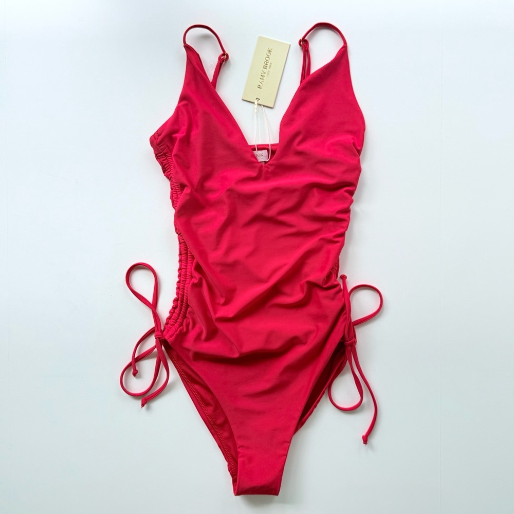 NWT Ramy Brook Jessica One Piece Red V-Neck Swim Suit Ruched Sides Size S $228